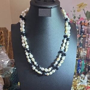 Elegant Pearl and Black Bead Necklace